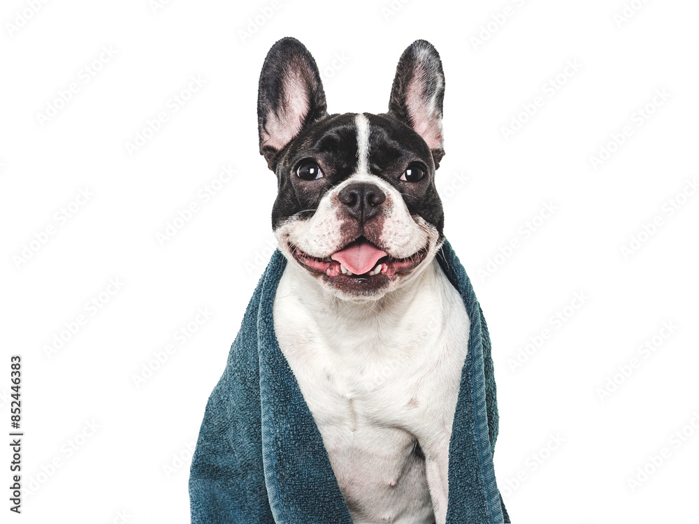 Fototapeta premium Cute puppy and blue towel. Grooming dog. Close-up, indoors. Studio shot. Concept of care, education, obedience training and raising pets