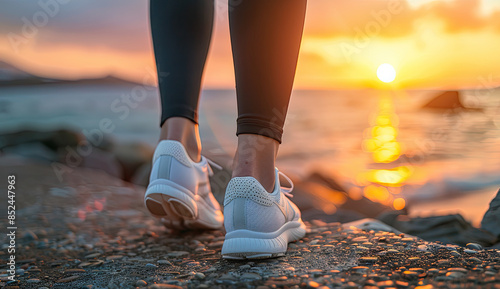 Womans Running Shoes on Coastal Road at Sunset, Copy Space