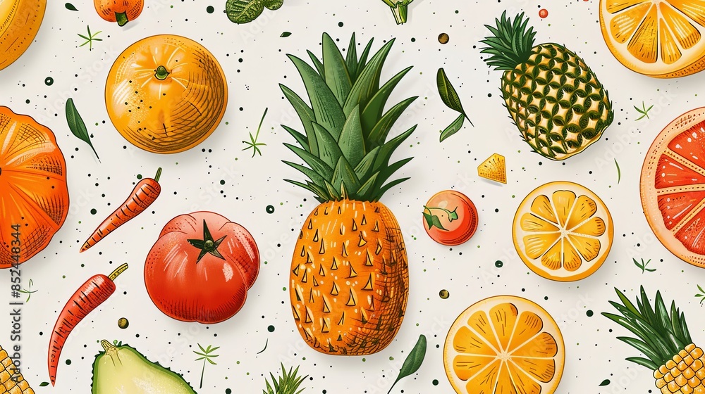 Set of vegetables illustrations. Abstract seamless pattern with icons of carrot, pumpkin, pineapple, corn and orange. Farming and healthy food. Design elements for site. Cartoon flat vector collection Set of vegetables illustrations. Abstract seamless pattern with icons of carrot, pumpkin, pineapple, corn and orange. Farming and healthy food. Design elements for site. Cartoon flat vector collection