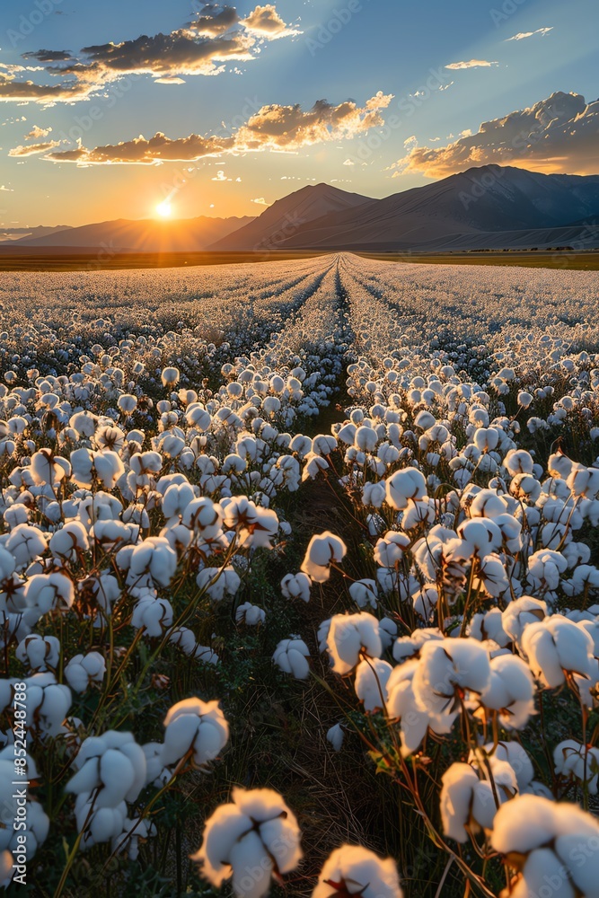 Obraz premium Cotton field with distant mountains under a blue sky, golden hour light, serene and vast