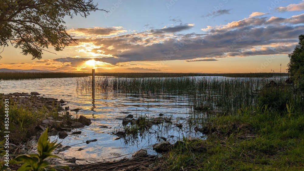 Beautiful lakeside sunset scenery, Corrib lake at Galway, Ireland