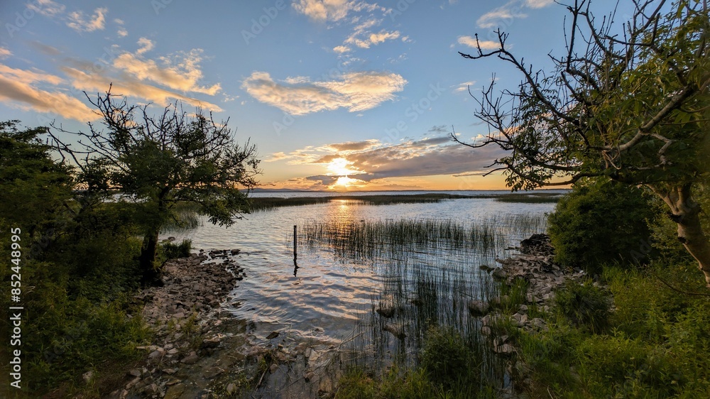 Beautiful lakeside sunset scenery, Corrib lake at Galway, Ireland