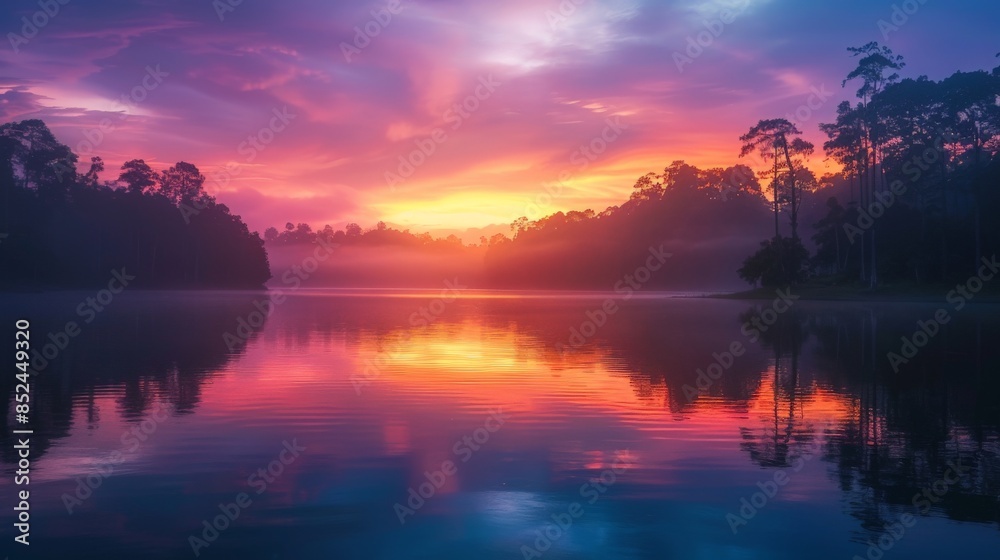 Obraz premium Misty Sunrise Over a Tranquil Lake