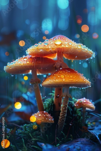Mushrooms with dewdrops, vibrant colors, bokeh lights, magical forest scene
