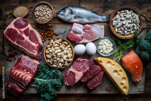 Assorted high-protein foods on wooden background for healthy diet