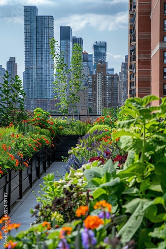 Urban rooftop garden with lush plants, city skyline, sustainable living