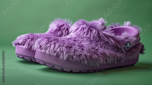 Purple Furry Clogs on Green Background