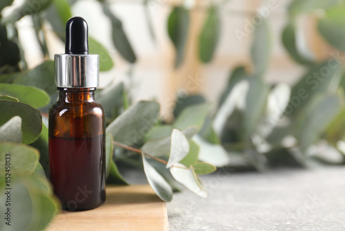 Aromatherapy. Bottle of essential oil and eucalyptus leaves on grey table, space for text