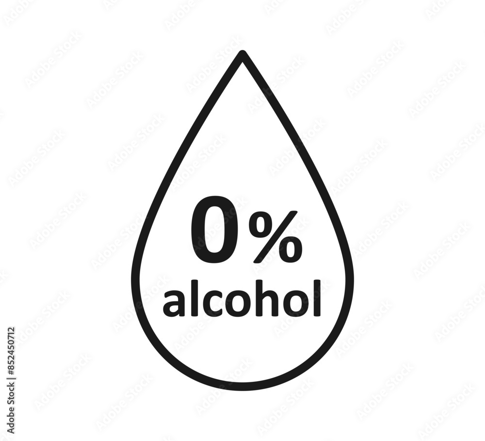 Alcohol free icon. Don't contain alcohol symbol. Zero percent tag. Drop symbol. Health cosmetic product. 0 percent icon. Design infographic element. Vector illustration isolated on white background. Alcohol free icon. Don't contain alcohol symbol. Zero percent tag. Drop symbol. Health cosmetic product. 0 percent icon. Design infographic element. Vector illustration isolated on white background.