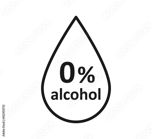 Alcohol free icon. Don't contain alcohol symbol. Zero percent tag. Drop symbol. Health cosmetic product. 0 percent icon. Design infographic element. Vector illustration isolated on white background.