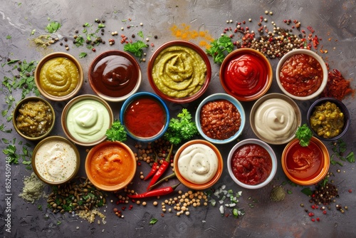 Assortment of colorful homemade sauces and dips on rustic table photo