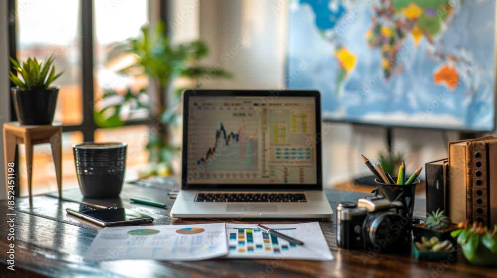 Global Investment Opportunities - Office Desk Setup with Laptop, Financial Documents, and World Map Background Global Investment Opportunities - Office Desk Setup with Laptop, Financial Documents, and World Map Background