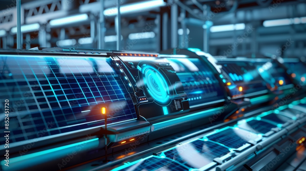 Fototapeta premium Futuristic Solar Energy Technology with Holographic Displays and Advanced Solar Panels