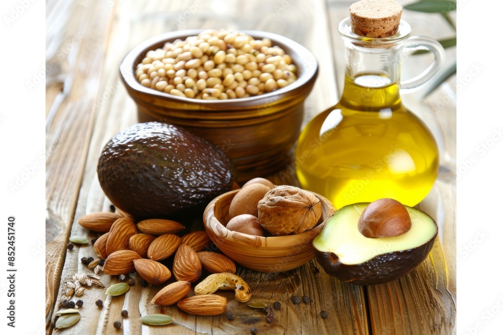 Healthy fats concept with avocado, nuts, and olive oil on wooden table Healthy fats concept with avocado, nuts, and olive oil on wooden table