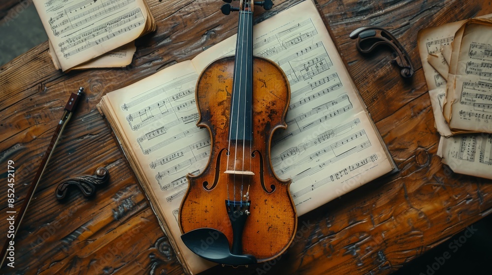 Naklejka premium Violin and Sheet Music on Wooden Surface