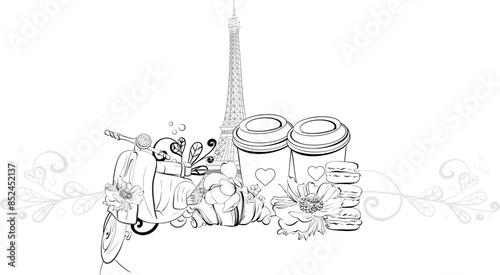 Vector border Eiffel tower and scooter illustration. Vintage motorbike in romantic style. Paris travel love vacation. Black silhouette for circuit