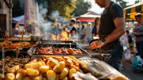 Fototapeta Naklejka Na Ścianę i Meble -  Festive Food Fair Featuring Global Potato Dishes with Diverse Stalls and Lively Multicultural Crowd