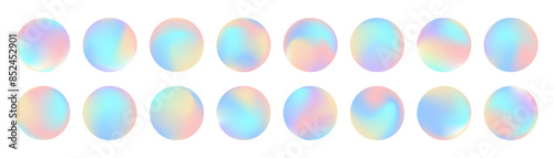 Cute vector retro y2k style hologram circles, labels, foil tags, stamps. Round 3d holo badges collection. Rainbow spectrum texture shiny mockups. Autistic spectrum neon iridescent holographic icons