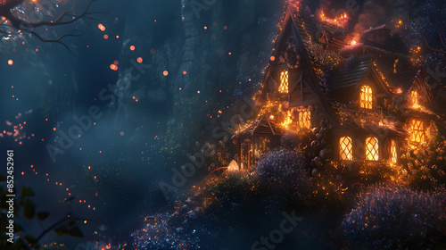 Enchanted Forest House Illustration with Glowing Lights and Sparks