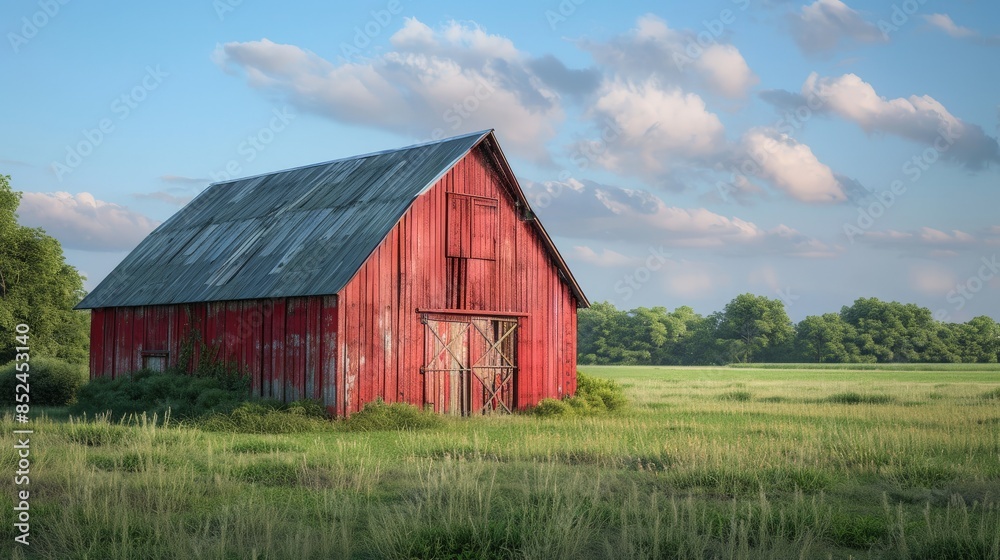 Red Barn in a Field of Green Grass