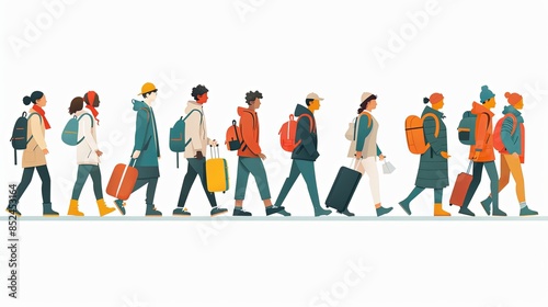 Set of tourists and travelers and airport illustrations, flat vector illustration of tourists dragging luggage, traveler, airport, airport management, tourist dragging luggage, suitcase
