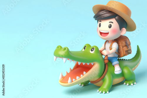 A man riding a crocodile. Space for text. photo