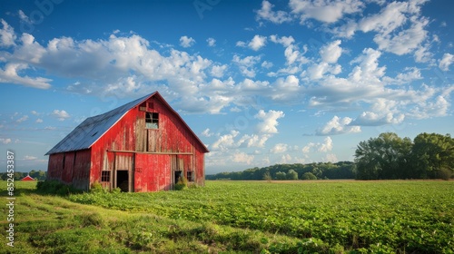 Red Barn Against a Blue Sky with Puffy Clouds