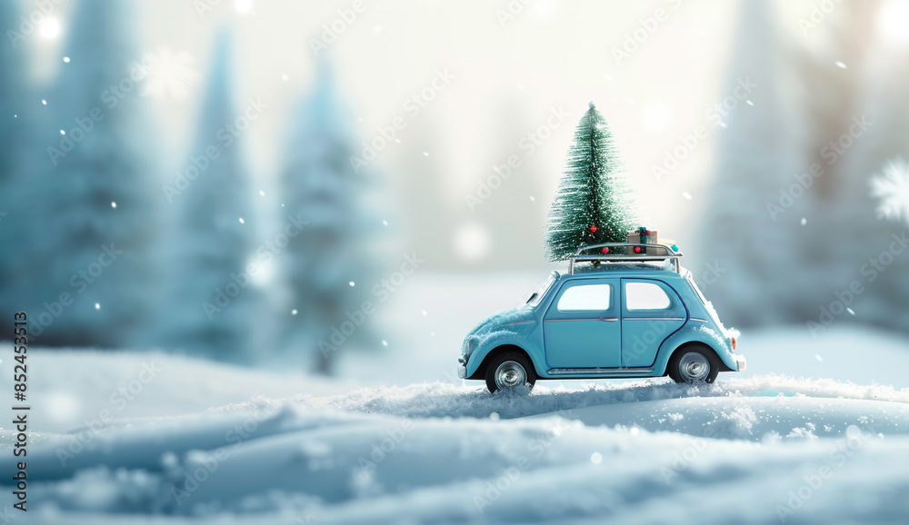 A beautiful small car with a Christmas tree on the roof is driving through the snow in a forest landscape A beautiful small car with a Christmas tree on the roof is driving through the snow in a forest landscape