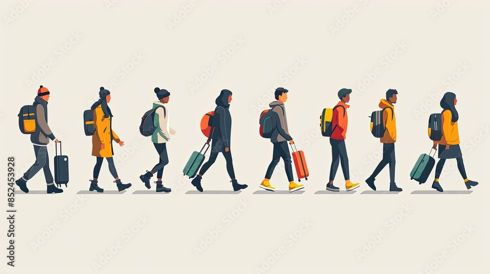 Set of tourists and travelers and airport illustrations, flat vector illustration of tourists dragging luggage, traveler, airport, airport management, tourist dragging luggage, suitcase Set of tourists and travelers and airport illustrations, flat vector illustration of tourists dragging luggage, traveler, airport, airport management, tourist dragging luggage, suitcase