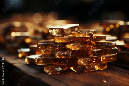 a pile of gold bars sitting on top of a wooden table