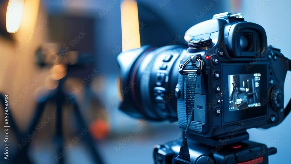 A DSLR camera in front of a blurred photo studio