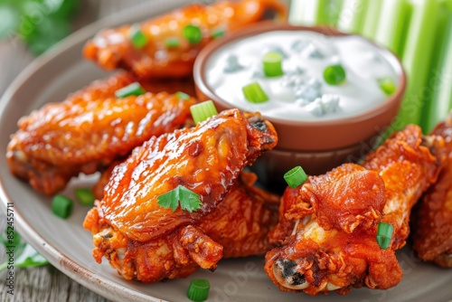 Close-up photograph of crispy golden fried chicken wings coated in a sweet and spicy sauce, accompanied by a side of creamy blue cheese dip and fresh celery sticks.