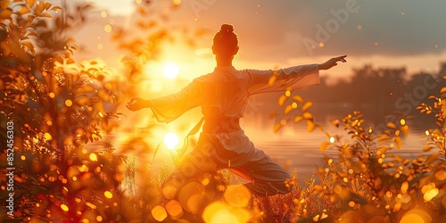 the sun peeking over the horizon, a girl practices tai chi in the park, her movements slow and graceful, mirroring the stillness of the early morning