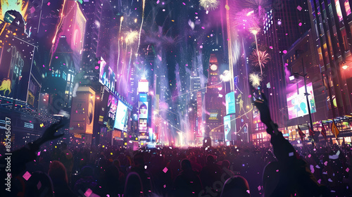 New Year's Eve Celebration in Times Square with Fireworks and Confetti - Illustration