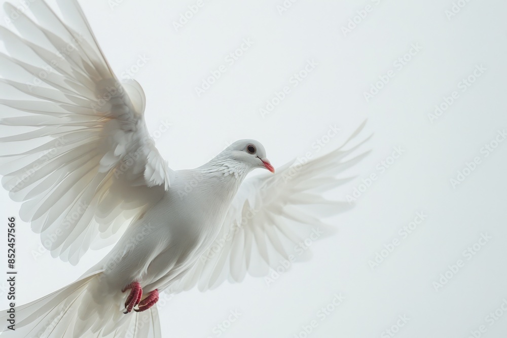Obraz premium Close-up photograph capturing a graceful white dove in mid-flight against a clear, white sky backdrop. The image showcases the bird's elegant wingspan and feather details, evoking a sense of peace