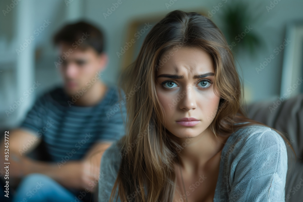 Young woman looking upset while sitting beside a blurred man. Relationship crisis, quarrel, divorce Young woman looking upset while sitting beside a blurred man. Relationship crisis, quarrel, divorce