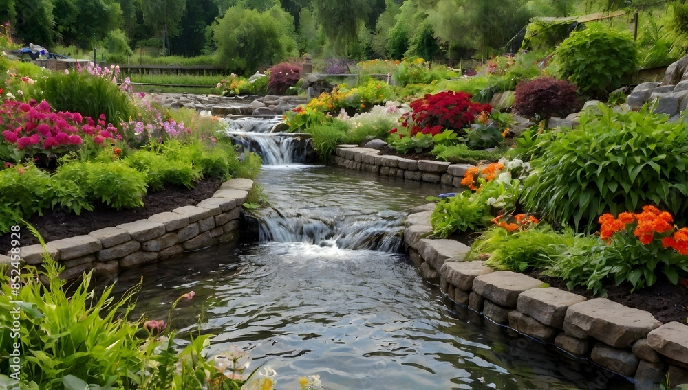 Nice small food garden along a river, waterfall nearby, surrounded by beautiful flowers, outdoor sitting place near river. Nice small food garden along a river, waterfall nearby, surrounded by beautiful flowers, outdoor sitting place near river.
