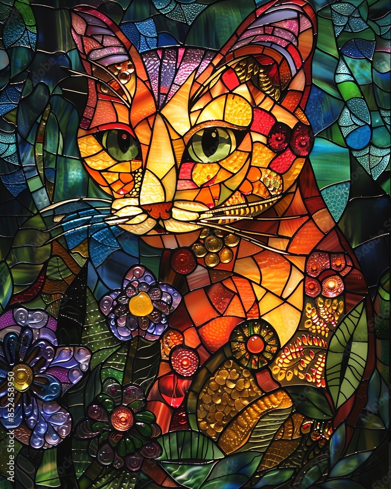 Stained glass cat in a whimsical garden, bright colors, fantasy style, playful and ornate Stained glass cat in a whimsical garden, bright colors, fantasy style, playful and ornate