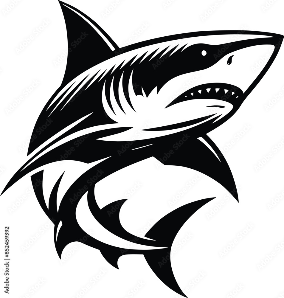 Obraz premium modern and simple shark silhouette, a negatively spaced shark in black color icon vector temple, export wild shark
