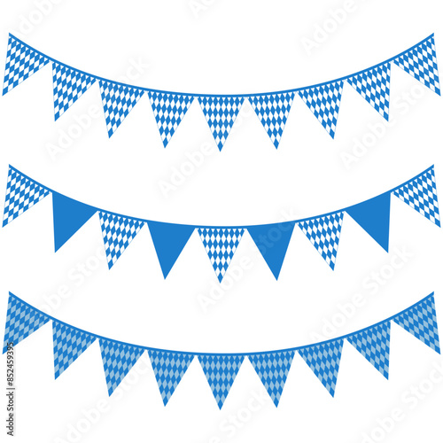 Set of triangular flags with a blue rhombus. Garland of flags on a ribbon. Isolated close-up element on transparent and white background. Vector flat illustration. Oktoberfest and Father's Day.
