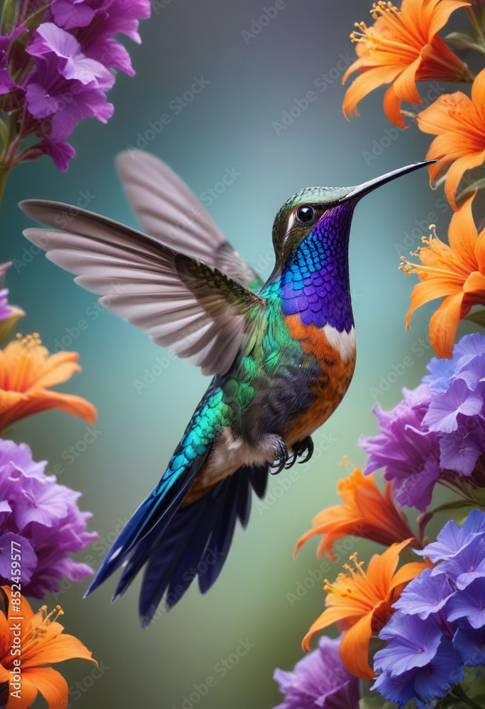 Obraz premium _A-colorful-hummingbird-with-vibrant-purple-blue-