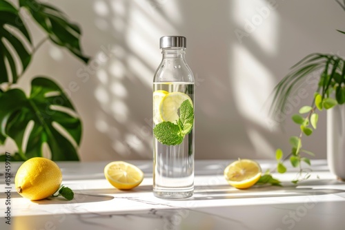 Minimalist Refreshment: Glass Water Bottle with Lemon Slices and Mint Leaves in Serene Setting