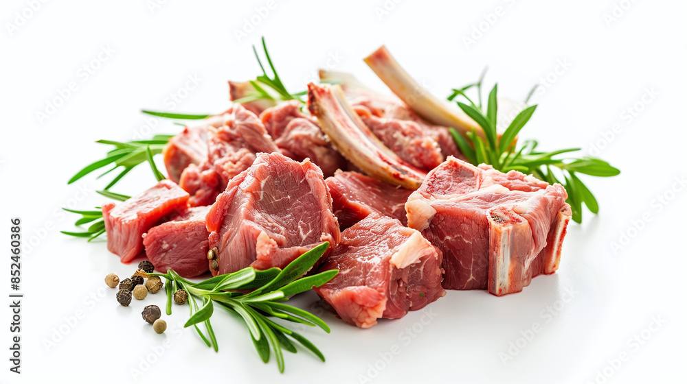 Raw lamb chops on a white background, garnished with rosemary and peppercorns, perfect for recipes, menus, or food blogs seeking high-quality, appetizing meat imagery Raw lamb chops on a white background, garnished with rosemary and peppercorns, perfect for recipes, menus, or food blogs seeking high-quality, appetizing meat imagery