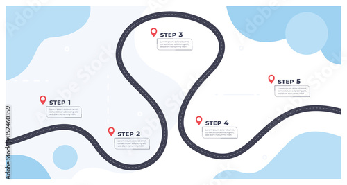 Timeline with execution points. Chronology of the execution of the process on the winding road. Workflow infographics. Vector illustration