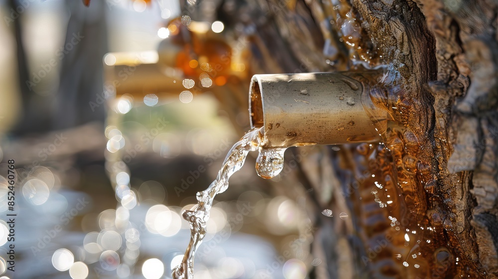 Tree Sap Puddle Maple sap dripping into an aluminium sap bucket attached to a maple ...