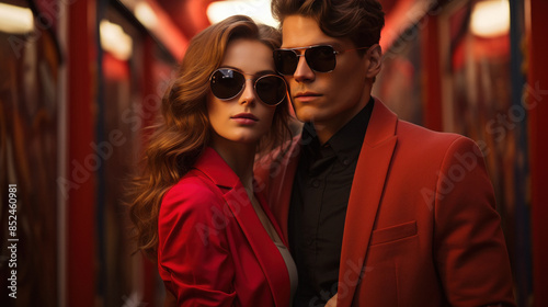 man and woman wearing sunglasses, blurred rom, red background © Neha