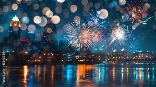 A cityscape with fireworks exploding over the water at night. The buildings are silhouetted against the colorful display. © Pikul