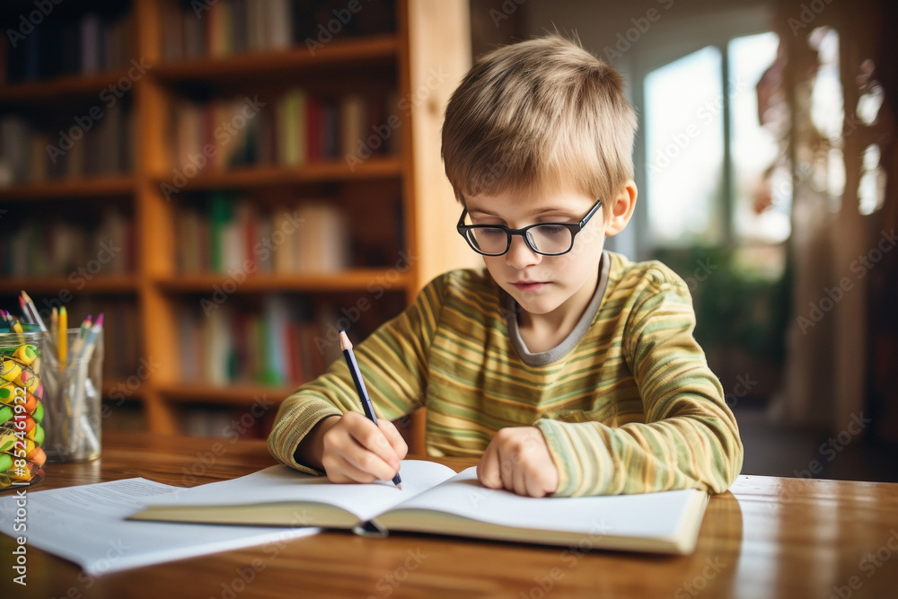 little kid boy with glasses at home making homework, writing and learning. little kid boy with glasses at home making homework, writing and learning.