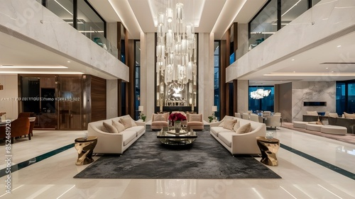 High-End Apartment Interior - Marble Floors, Tall Ceilings, and Art Deco Glass Windows photo