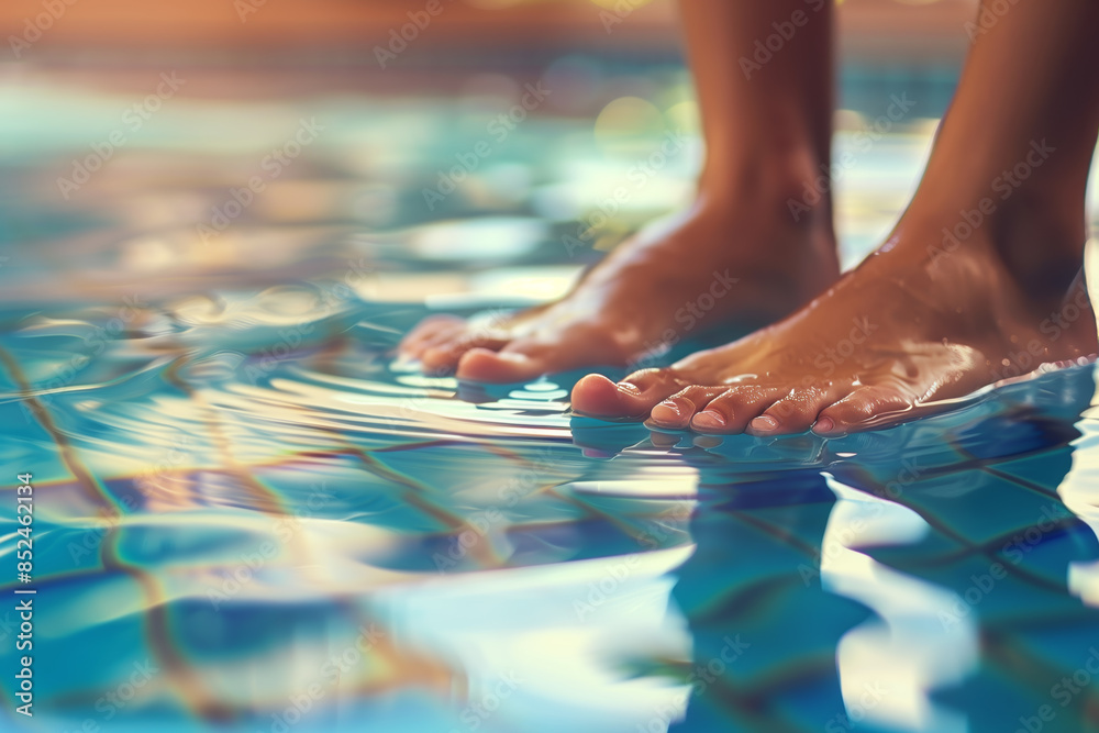 Close-up of feet submerged in clear pool water, creating gentle ripples with a soothing and relaxing ambiance.
Close-up of feet submerged in clear pool water, creating gentle ripples with a soothing and relaxing ambiance.